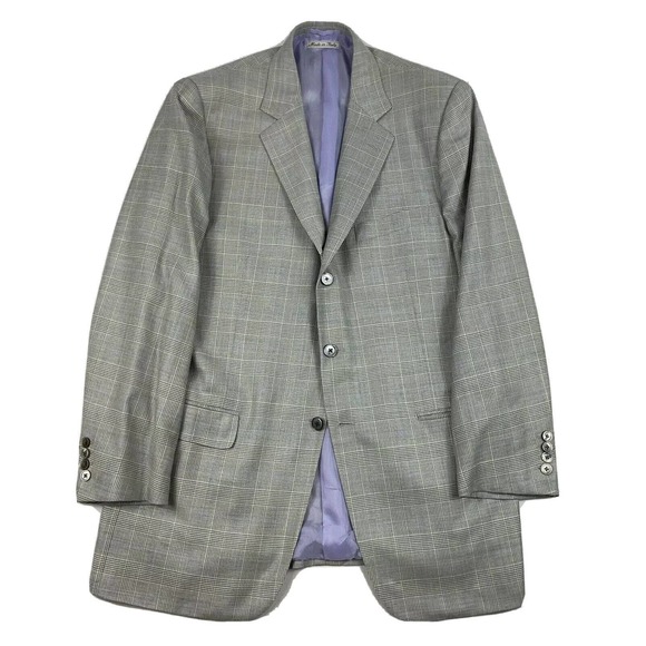 Belvest Wool Linen Silk Gray Lavender Checked Lavender MOP Button Blazer 46L